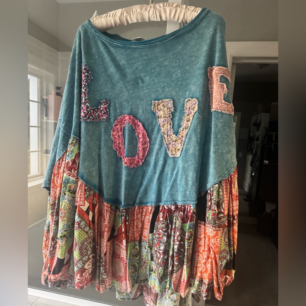 Rebecca James  Boho Patchwork 'LOVE' poncho style top- Teal & Multicolor